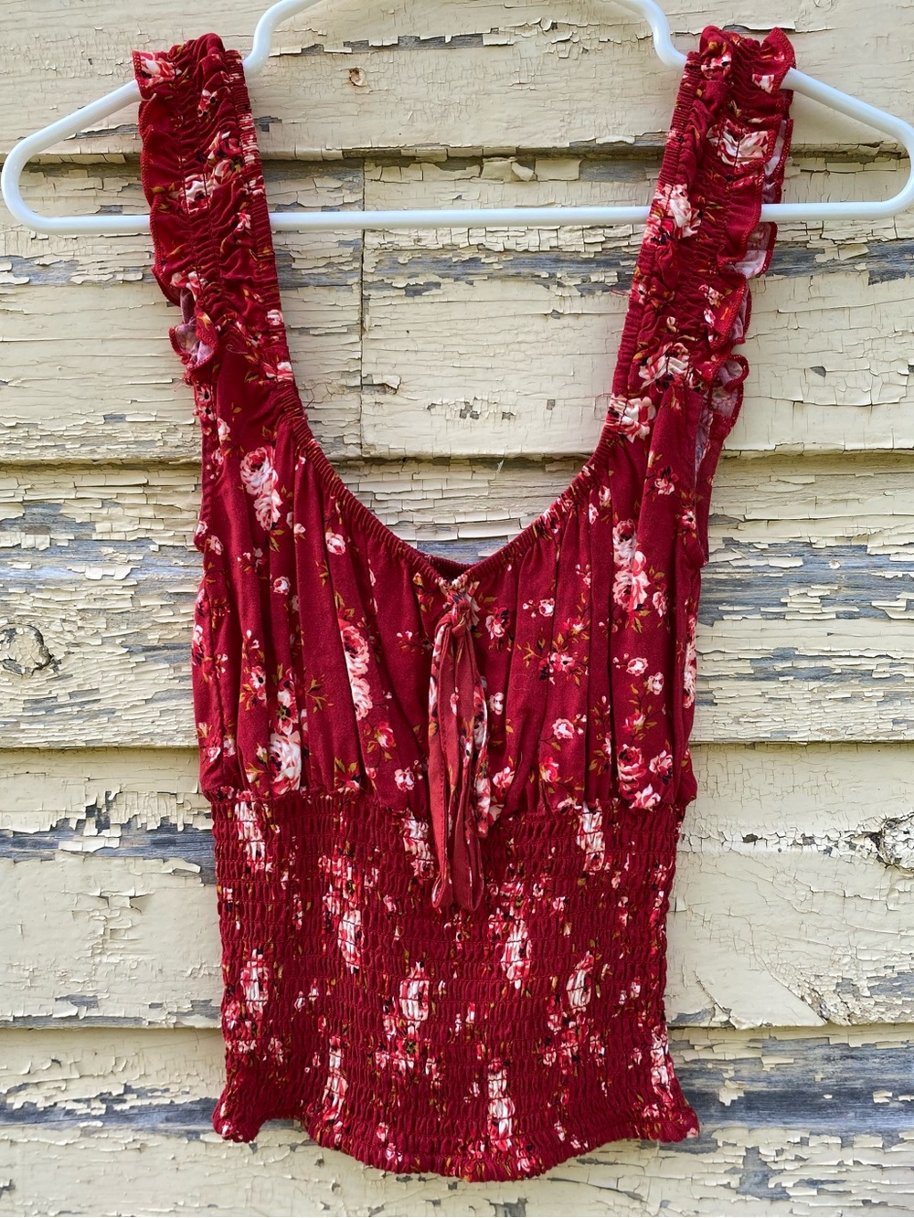 Smocked Waist Floral Red Ruffled Tank Top
